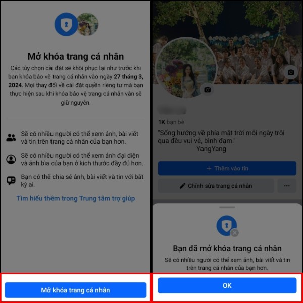 Nhấn Mở khóa trang cá nhân